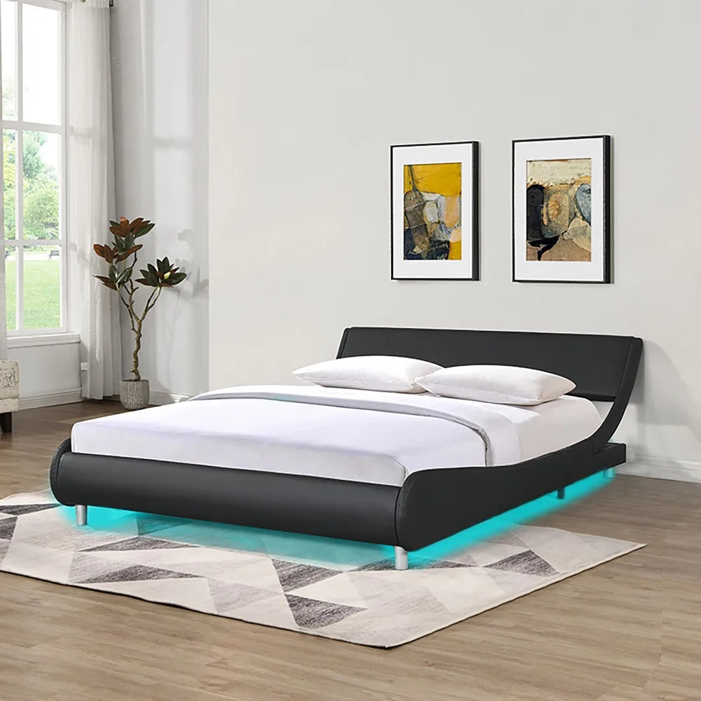 Queen Faux Leather Upholstered Platform Bed Frame, LED lighting with remote controller and APP, Curve Design, Wood Slat Support