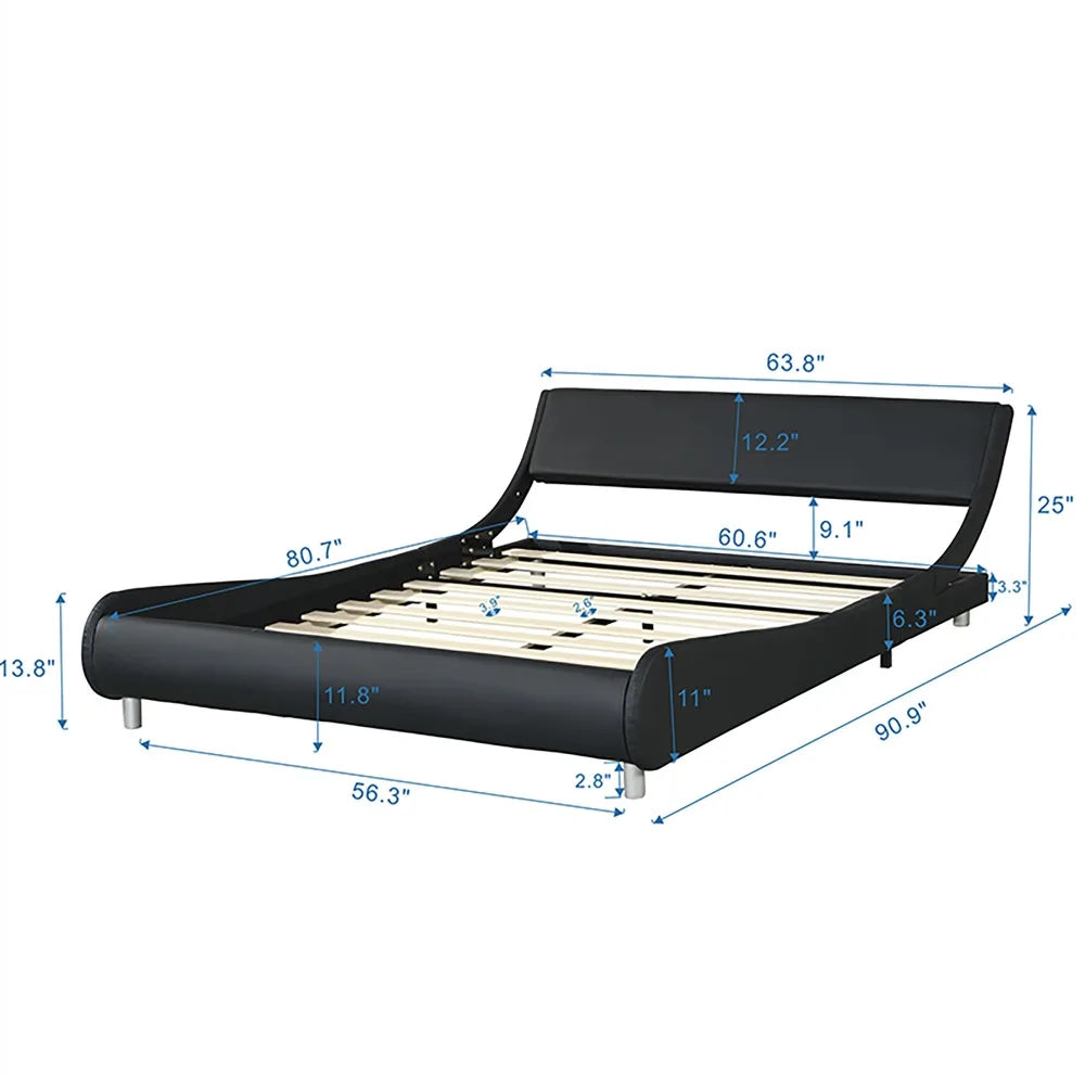 Queen Faux Leather Upholstered Platform Bed Frame, LED lighting with remote controller and APP, Curve Design, Wood Slat Support