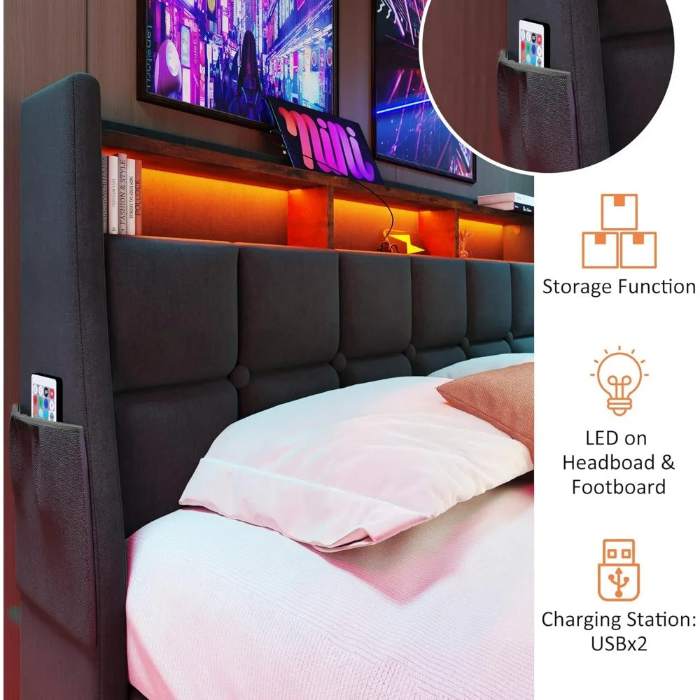 Bed Frame Queen Size with Hydraulic Storage System, Upholstered Platform Bed with Storage Headboard, LED and USB Charging, bed