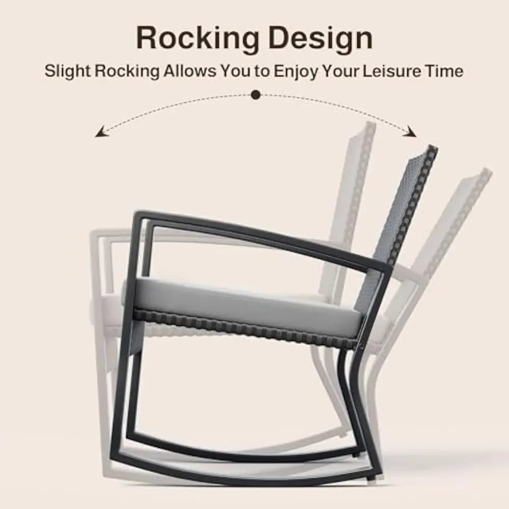 4 Piece Outdoor Patio Furniture Set, Wicker Patio Furniture with Glass Coffee Table, Rocking Wicker Bistro Set, for Backyard