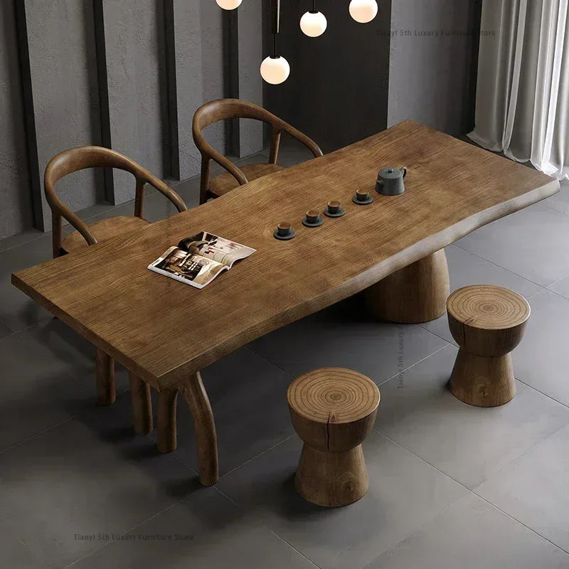 Creative Home Furniture - Large Board Solid Wood Tea Table or Dining Table in Living Room, Balcony with Log Wabi-Sabi Style