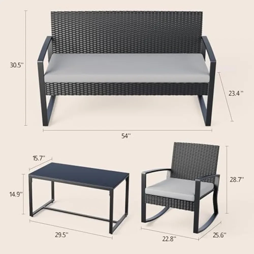 4 Piece Outdoor Patio Furniture Set, Wicker Patio Furniture with Glass Coffee Table, Rocking Wicker Bistro Set, for Backyard