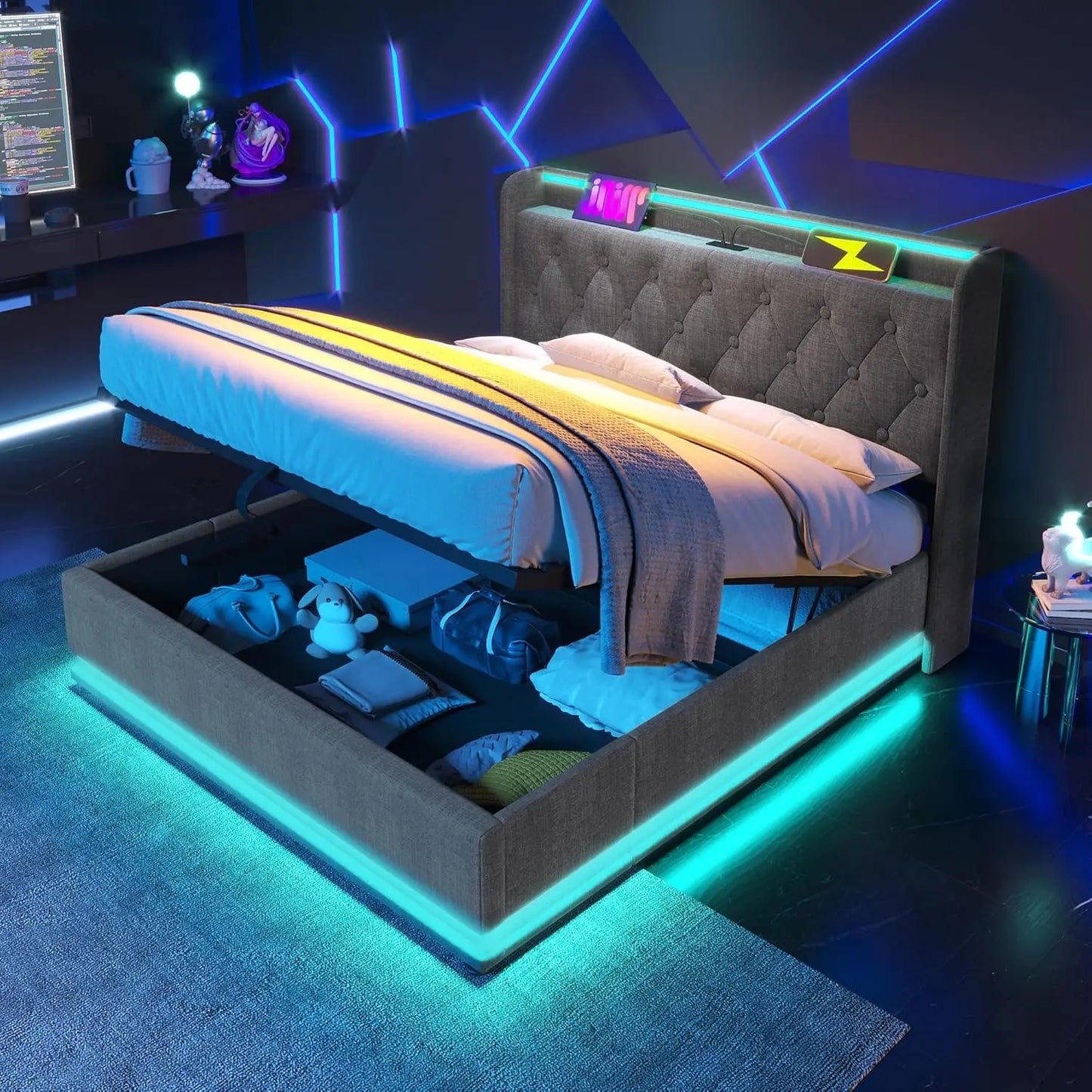 Queen Size Bed Frame with Storage, 360 Surround LED Lights, Buttons, App or Remote Control, Upholstered Headboard Linen Platform