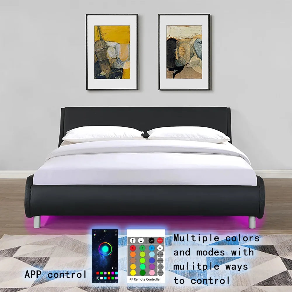 Queen Faux Leather Upholstered Platform Bed Frame, LED lighting with remote controller and APP, Curve Design, Wood Slat Support