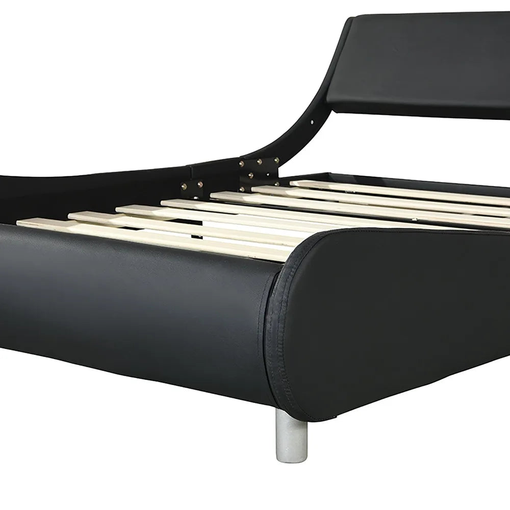 Queen Faux Leather Upholstered Platform Bed Frame, LED lighting with remote controller and APP, Curve Design, Wood Slat Support