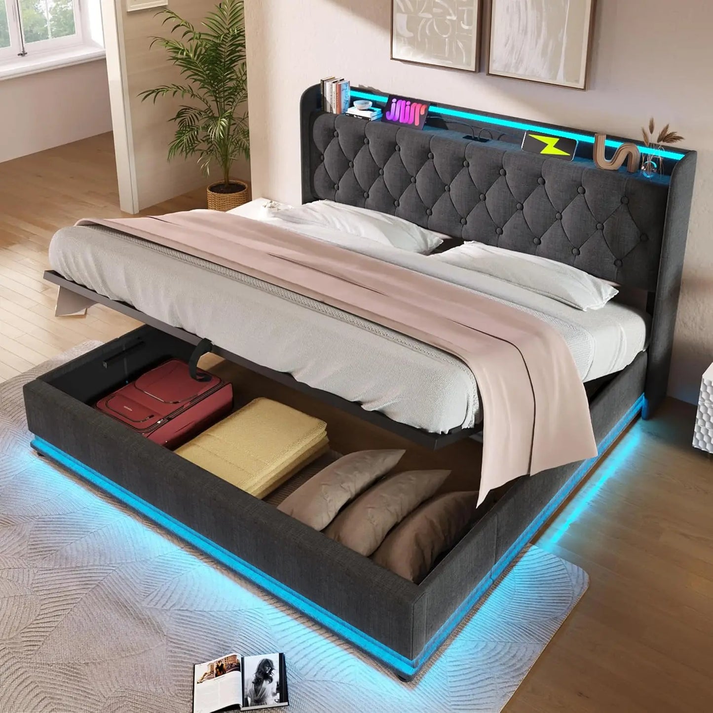 Queen Size Bed Frame with Storage, 360 Surround LED Lights, Buttons, App or Remote Control, Upholstered Headboard Linen Platform