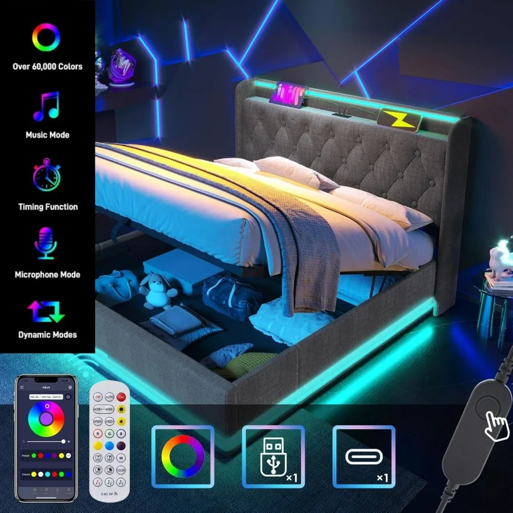 Queen Size Bed Frame with Storage, 360 Surround LED Lights, Buttons, App or Remote Control, Upholstered Headboard Linen Platform